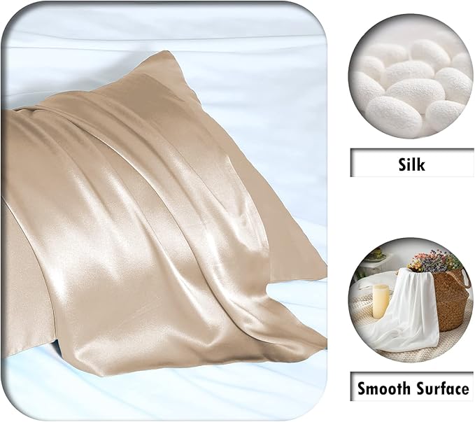 Mulberry Silk Pillowcase for Hair and Skin Pillow Case with Hidden Zipper Soft Breathable Smooth Cooling Silk Pillow Covers for Sleeping (Champagne, King（20"X 36"）)