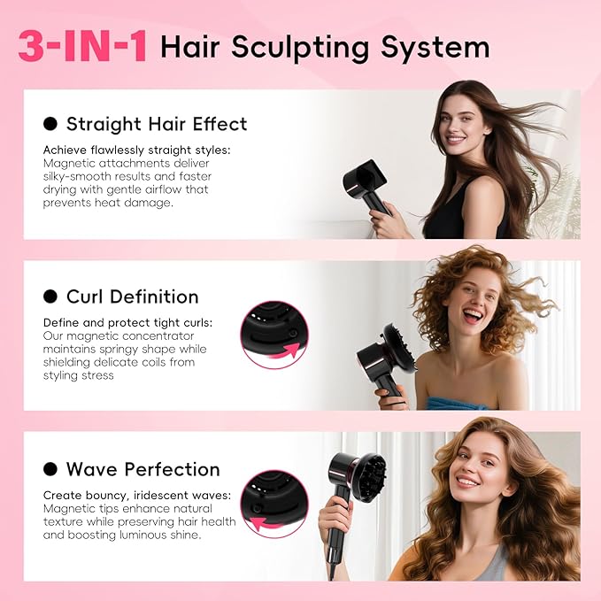 CINOSTAR Hair Dryer, Fast Drying Blow Dryer with Diffuser, with 110, 000RPM Brushless Motor&Ionic Technology No Heat Damage, Lightweight for Women and Travel, Low Noise, Black Pink