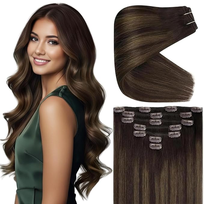 Ve Sunny Human Hair Clip in Extensions 22Inch Long Clip in Hair Extensions Real Human Hair Balayage Dark Brown Hair Extensions Clip ins for Women Easy Apply 120g