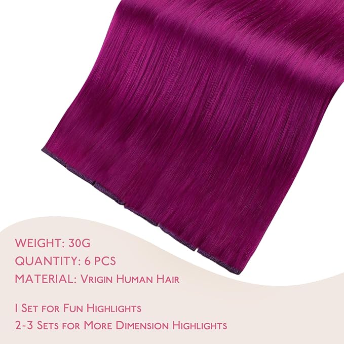 WENNALIFE Violet Clip in Hair Extensions Real Human Hair 35g 6pcs 22 Inch Colored Hair Extensions for Kids Women Colorful Hair Pieces Pop-up Style Straight Extensiones De Cabello Humano Con Clip