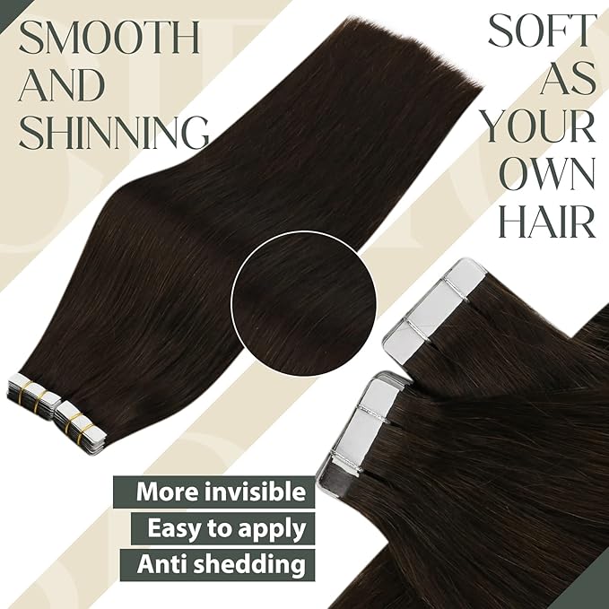 Sunny Hair Tape in Hair Extensions Real Human Hair Invisible Remy Hair Extensions Tape ins for Women Darker Brown 18 inch 20Pcs 50G