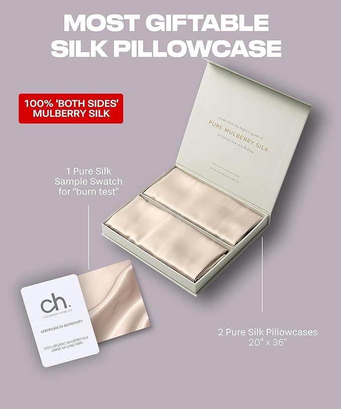 SUNDAYSILKS™ | Silk Pillow Cases 2 Pack | 22 Momme Mulberry Silk Pillowcase Set of 2 | All Sides 100% Pure Silk Slip Pillowcases Bliss for Couples, Zipper | Standard Queen, King Size, 6A [Oat Milk]