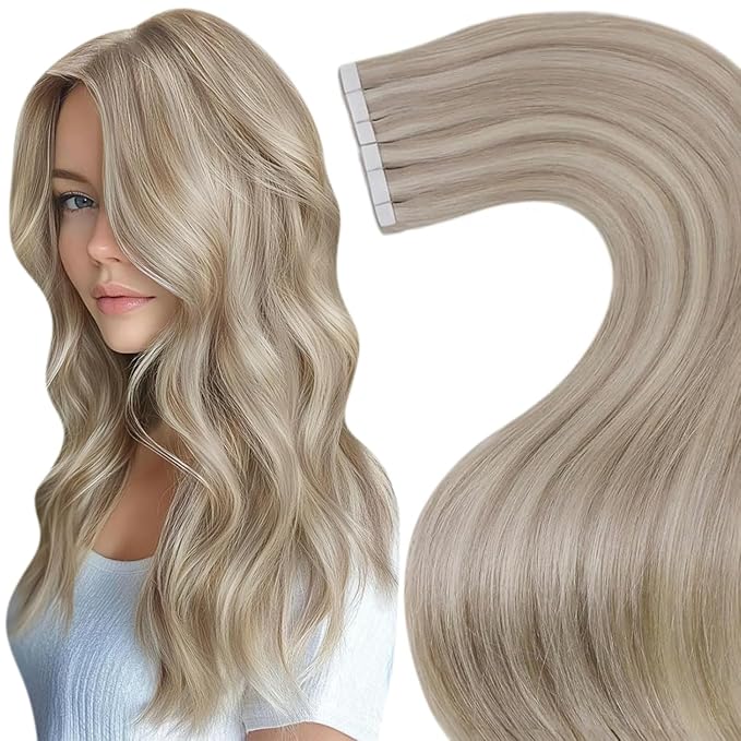 LaaVoo Tape in Hair Extensions Human Hair Blonde Tape in Extensions Human Hair Bleach Blonde Highlights with Ash Blonde50G 20Pcs 24Inch