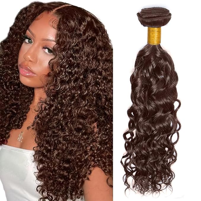 Chocolate Brown Bundles Human Hair Color 4 Water Wave Bundles Niegmeag Brazilian Virgin Remy Hair Single Bundle 14 Inch Double Weft Brown Wet and Wavy Bundle Hair Weave 100g