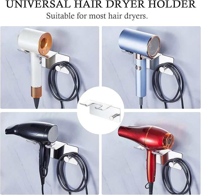 Hair Dryer Holder Wall Mount, Blow Dryer Holder for Wall, Adhesive Hairdryer Holders, Stainless Steel Blowdryer Holders Bathroom Hair Tool Organizer Hair Dryer Hanger Hook with Cord Storage (Silver)