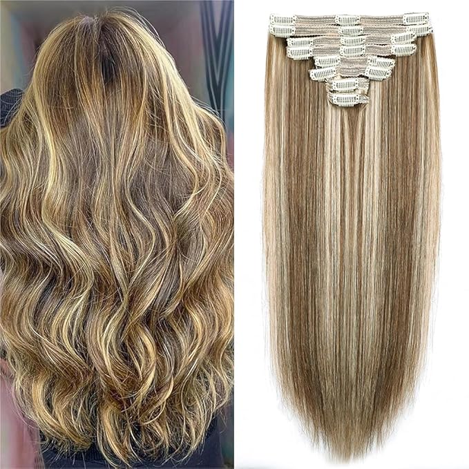 Straight Clip In Hair Extensions Real Human Hair 8Pcs Clip In Balayage Chestnut Brown Highlight Blonde Human Hair Extensions with 18Clips Lace Weft 120g 16inch