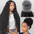 360 Glueless Drawstring Wig Human Hair 30 Inch Pre Plucked Hidden Strap 360 Water Wave Lace Front Wigs,180% Density Curly Wet and Wavy HD Full 360 Lace Frontal Human Hair Wig