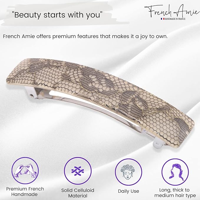French Amie Oblong Handmade 3.5" Celluloid Automatic Hair Clip Barrette French Hair Clip for Girls Strong Hold Hair Clips for Women No Slip Durable Paris Hair Accessories, Made in France (Beige Net)