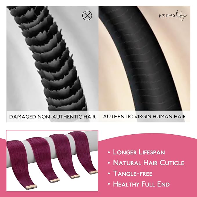 WENNALIFE Tape in Hair Extensions Human Hair Light Burgundy Tape in Extensions, 10pcs 25g 18 inch Remy Invisible Tape Ins Straight Colored Soft Real Human Hair Tape in Extensions Refill Set Extensions