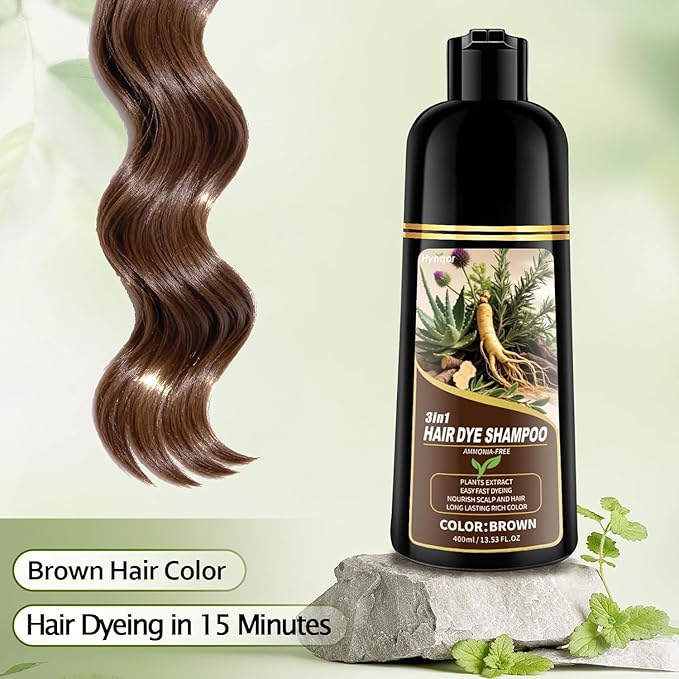Brown Hair Color 3 in 1 Hair Dye Shampoo for Women Men Gray Hair Coverage, Natural Herbal Ingredients Semi-Permanent Hair Color Shampoo