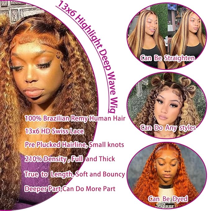 13x6 Highlight Lace Front Wig Human Hair 4/27 Ombre Deep Wave Lace Front Wigs Pre Plucked with Baby Hair 210% Density Highlight Curly Glueless Wigs 34 Inch