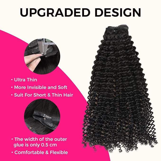 Lashey Seamless Clip in Hair Extensions Kinky Curly 110g 7pcs PU Weft Hair Extensions Clip in Human Hair with Invisi Edge Natural Black 20 Inch Real Human Hair Extensions for Women