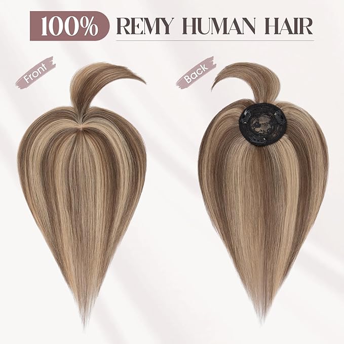 MY-LADY Human Hair Toppers for Women Real Human Hair with Bangs Thin 8.5 * 8.5CM Mono Base Clip in Straight Remy Hairpieces Light Weight 10 Inch Medium Brown Mixed Dark Blonde
