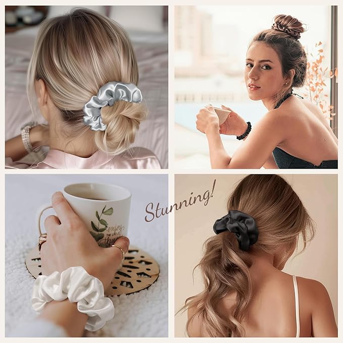 LULUSILK Silk Scrunchies for Hair Sleep, 100% Real Mulberry Silk, No Damage Hair Ties for Women and Girls, Black White and Silvergrey, Pack of 3