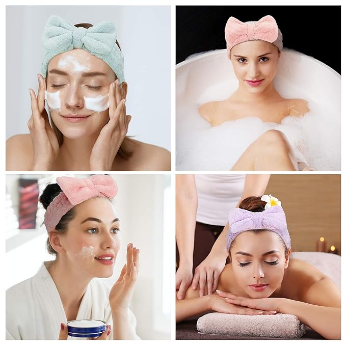 3 Pieces Wash Face Headband Makeup Spa Headband Towel Terry Hair Bands Microfiber Bowtie Headbands Shower Facial Adjustable Headband for Women (Pink, Blue, White)