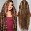 32 Inch Highlight Ombre Human Hair Wigs 13x6 HD Honey Blonde Deep Wave Lace Front Wigs Human Hair 180 Density Glueless Deep Wave 4/27 Colored Wet and Wavy Curly Wig Pre Plucked for Women