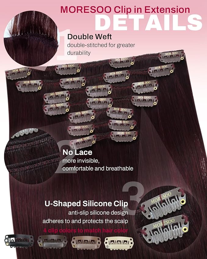 Moresoo Burgundy Clip in Hair Extensions Real Human Hair Dark Red Hair Extensions Real Human Hair Clip ins Double Weft Human Hair Clip in Extensions Red Wine #99J 7pcs 135g 18inch