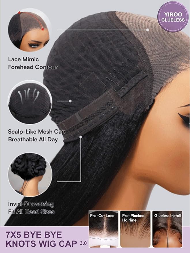 Yiroo Light Yaki Straight Wig Human Hair with Side Swept Bangs,7x5 Lace Front Bye Bye Knots Glueless Wig Human Hair Pre Plucked Pre Cut,Elastic Drawstring Wear and Go Wig for Women 150% Density 18Inch