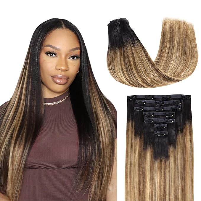 Lashey PU Clip in Hair Extensions Straight 110g 7pcs Seamless Clip in Human Hair 18 Inch Balayage Ash Brown to Honey Blonde with Dark Roots Real Human Hair Extensions Natural Hair for Women