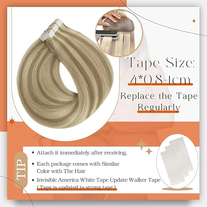 Full Shine Tape in Hair Extensions Human Hair 16Inch Blonde Human Hair Extensions Highlight Golden and Medium Blonde Invisible Tape in Extensions 50Gram 20Pcs Double Sided Seamless Skin Weft