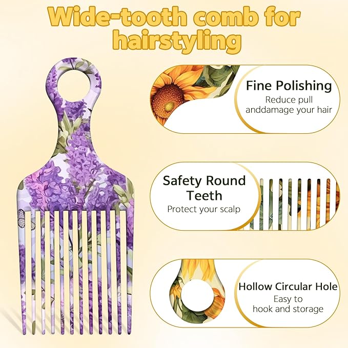 2 Pcs Afro Pick Comb for Natural Curly Hair,Portable Styling Hair Pick for Travel,Anti-Static,Cute Afro Comb for Women Men and Girls(Yellow-T12)