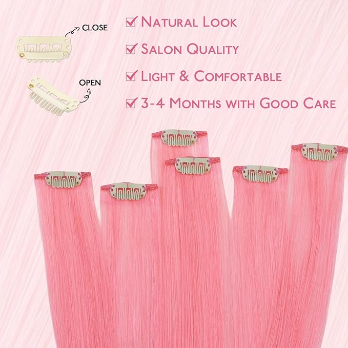 WENNALIFE Peach Pink Clip in Hair Extensions Real Human Hair 35g 6pcs 16 Inch Colored Hair Extensions for Kids Women Colorful Hair Pieces Pop-up Style Straight Extensiones De Cabello Humano Con Clip