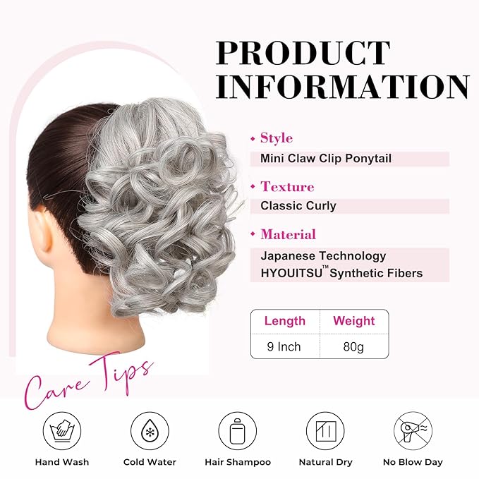 REECHO 9" Short Ponytail Extension, Classic Loose Curly Wavy Claw Clip Pony tails Hair Extensions HP001 Hairpieces for Women (Silver Grey)