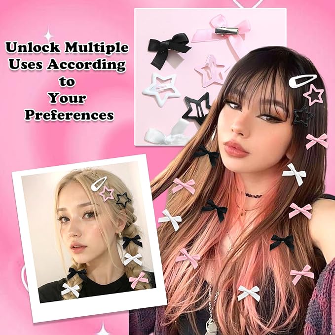 36Pcs Valentine's Day Pink Bow Hair Clips Y2K Star Hair Barrettes for Women Metal Snap Hair Clips Mini Black Satin Hair Bows Water Drop No Slip Hair Pins Accessories for Girls