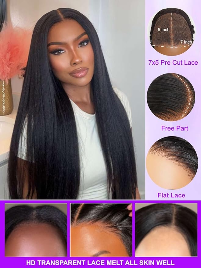 YIROO No Slip 7x5 Bye Bye Knots Yaki Straight Lace Front Glueless Drawstring Wig Human Hair with Deep Stretch Cap Fits All Head Sizes,Pre-Plucked Pre-Cut Wear and Go Wig for Women 150% Density 26Inch