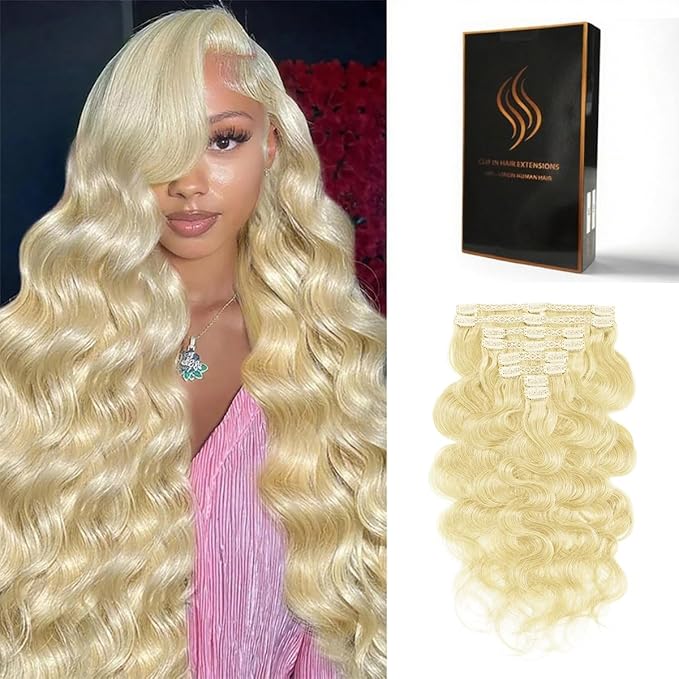 Clip in Hair Extensions Real Human Hair Body Wave 613 Bleach Blonde Clip in 100% Brazilian Remy Human Hair Extensions 8pcs Per Set with 18 Clips Double Weft 22 Inch 110g/3.6oz
