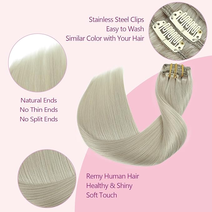 PINKPEARL Clip in Hair Extensions Real Human Hair, 18 Inch 120g 7pcs #1000 Gray Blonde Human Hair Extensions Clip Ins, Remy Hair Clip ins(#1000-18)