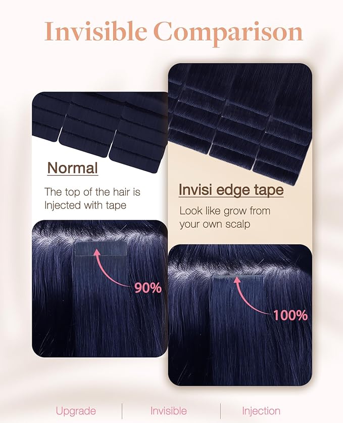 GOO GOO Invisi Edge Tape in Hair Extensions Human Hair, 1G Midnight Black, 20pcs 20inch 50g, Virgin Remy Hair, Seamless Injected Tape, Natural Look