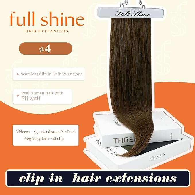 Full Shine Clip in Hair Extensions Real Human Hair Medium Brown Seamless Hair Extensions Clip in Straight Seamless Human Hair Clip ins 16 Inch 120 G 8 PCS