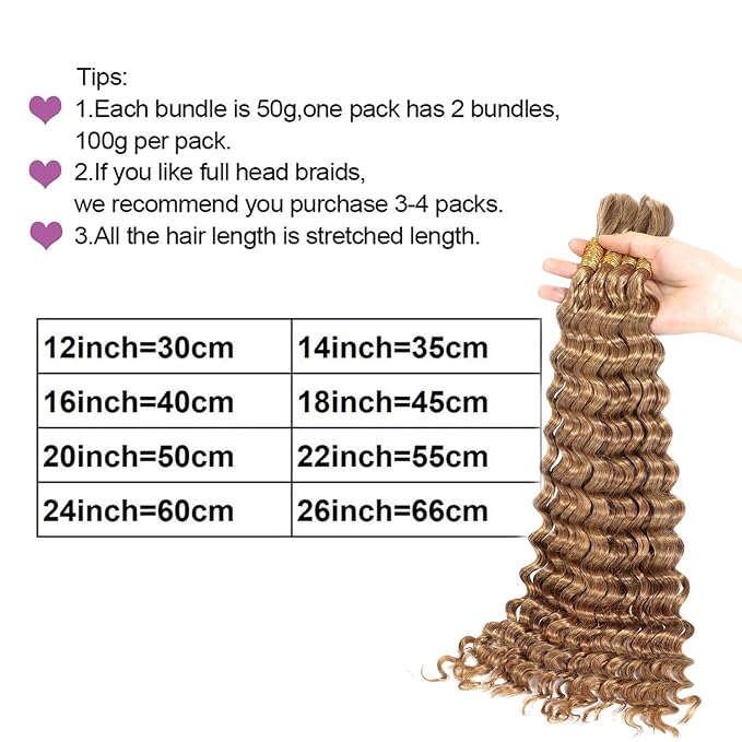 27# Deep Wave Braiding Human Hair Bundles Honey Blonde Bulk Human Hair for Crochet Micro Boho Braids 100 Grams (2 of 50g)18 inch