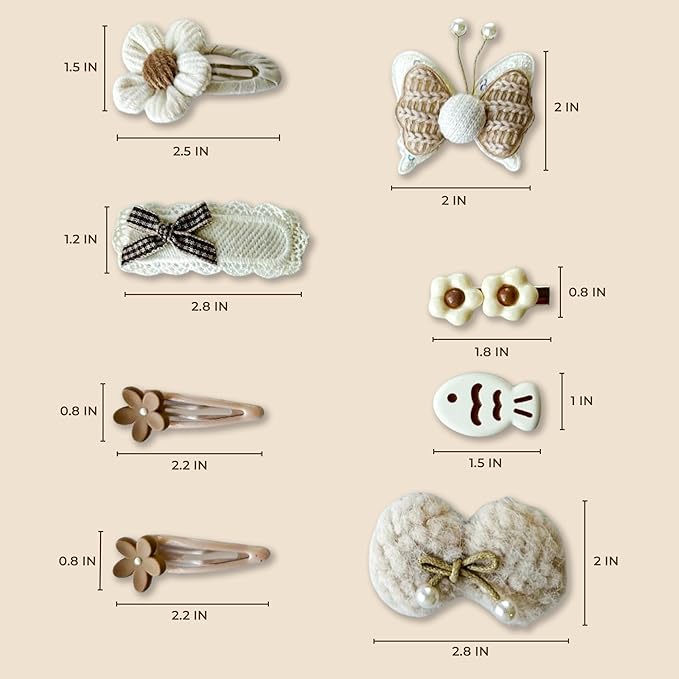 Hair Clips for Baby Girls-8 Pcs Beige Hair Accessories with Knitted Flower, Bow, Butterfly Designs-Soft Wool and Crochet Hairpins-Non-Slip Barrettes for Daily and Occasional Wear (Design 1-8pc Set)