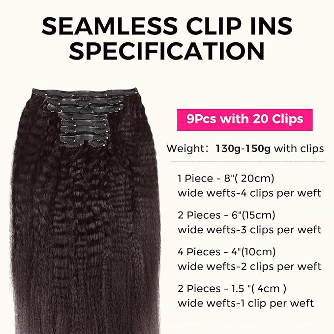 Lashey Seamless Clip in Hair Extensions Human Hair 130g 18 Inch 9pcs #2 Dark Brown Kinky Straight Full Pack Clip in Hair Extensions for Women
