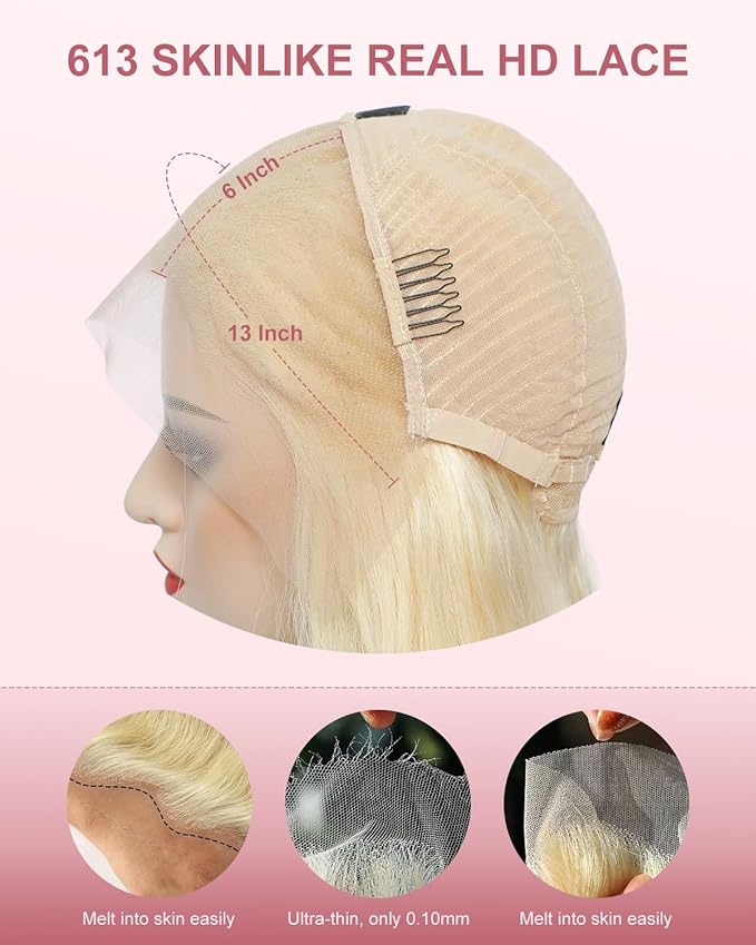 Alididi Skinlike Real Hd 613 13x6 Lace Front Wig Human Hair Straight Pre Plucked Bleached Knots 200% Density 0.10mm Ultra-Thin Invisible Lace Blonde Wig Human Hair For Women 24 Inch