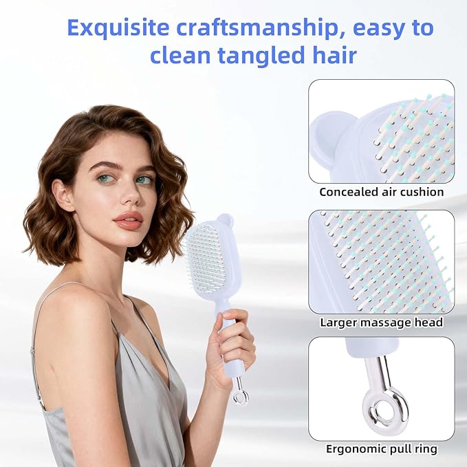 Retractable Air Cushion Massage Comb for Woman, Comfortable Self-Cleaning Detangling Hair Clean Brush with Pull Ring Anti-Static Comb for All Hair Types (Blue)