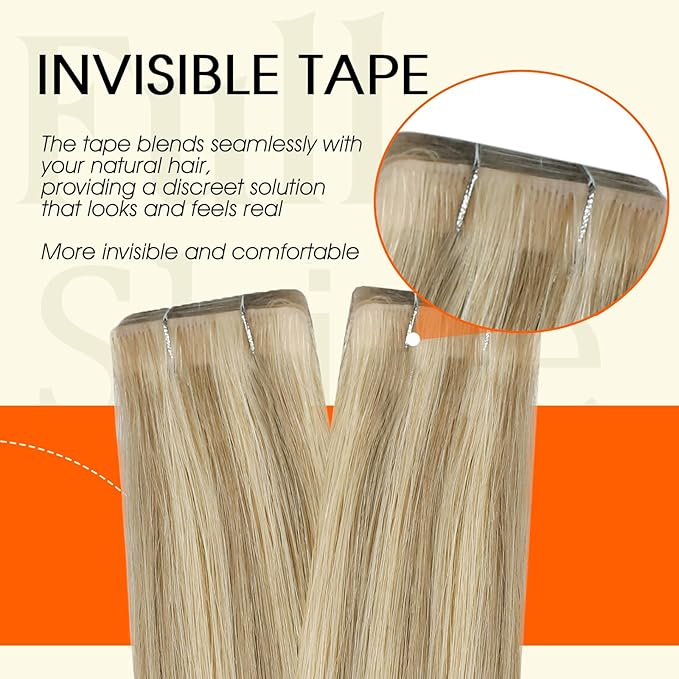 Full Shine Injection Tape in Human Hair Extensions Color 16 Highlighted 22 Blonde Tape in Extensions 24Inch Long Silky Straight Skin Weft 50G 20Pcs Travel Friendly Styling for Women