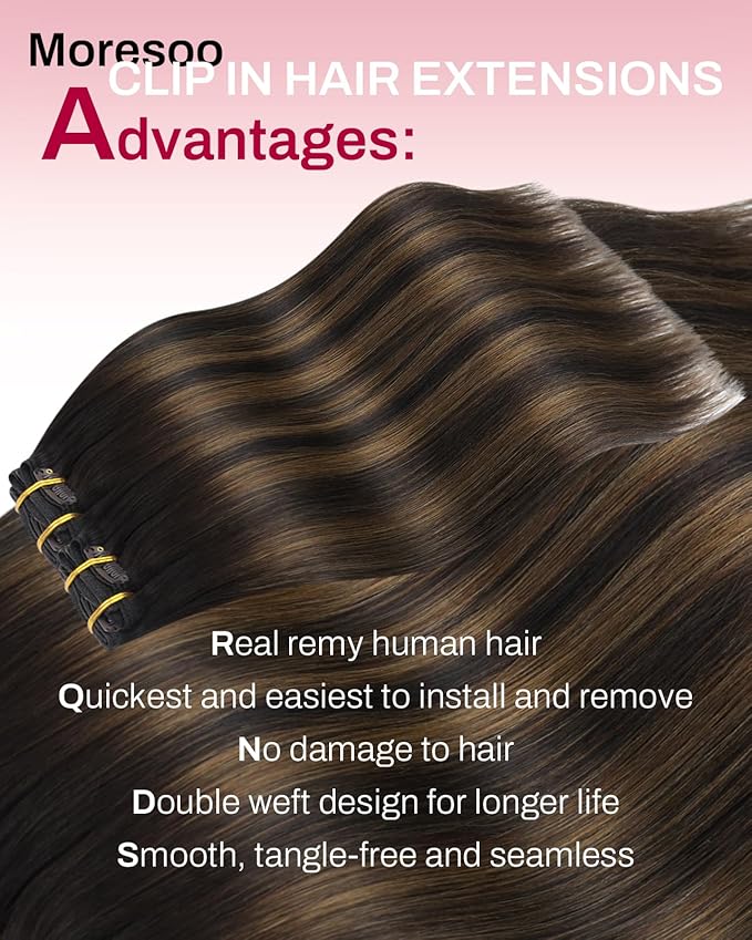 Moresoo Seamless Clip in Hair Extensions Balayage Seamless PU Weft Clip in Human Hair Extensions Ombre Dark Brown Mixed Chestnut Brown 7pcs 120g 22inch