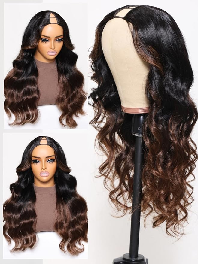 YIROO V Part Wig Human Hair Highlight Chestnut Brown Ombre Body Wave Human Hair Wig No Leave Out 12A Glueless Upgrade U Part Wigs Clip in Half Wig No Glue No Sew Beginner Friendly 150% Density 16inch