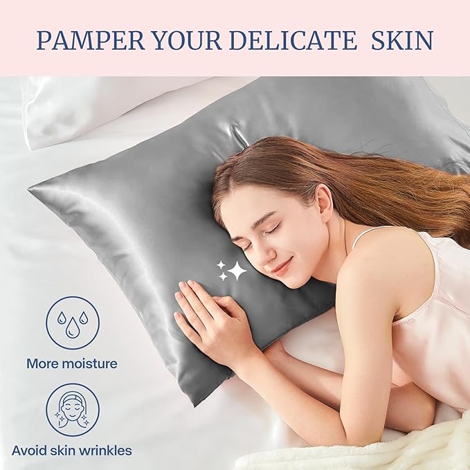 BEDELITE Satin Pillowcase for Hair and Skin, Super Soft and Cooling Similar to Silk Pillow Cases 2 Pack with Envelope Closure, Gift for Women Men(20"x40" King Size, Grey)
