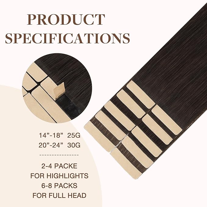 GOO GOO Tape in Hair Extensions Human Hair, 2A Light Brown, 18inch 25g 10pcs, Skin Weft Seamless Invisible, Silky Straight with Thick Ends, Remy Human Hair