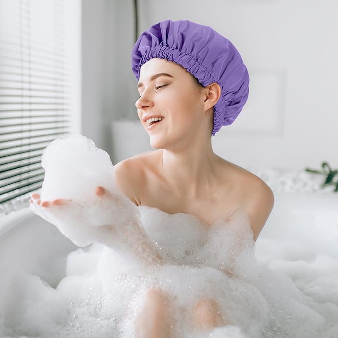Reusable Shower Cap for Women, Stylish Large Waterproof Shower Bonnet Washable Wide Elastic Band Hair Cap for Long Hair, Braids Bath Hat(Purple)