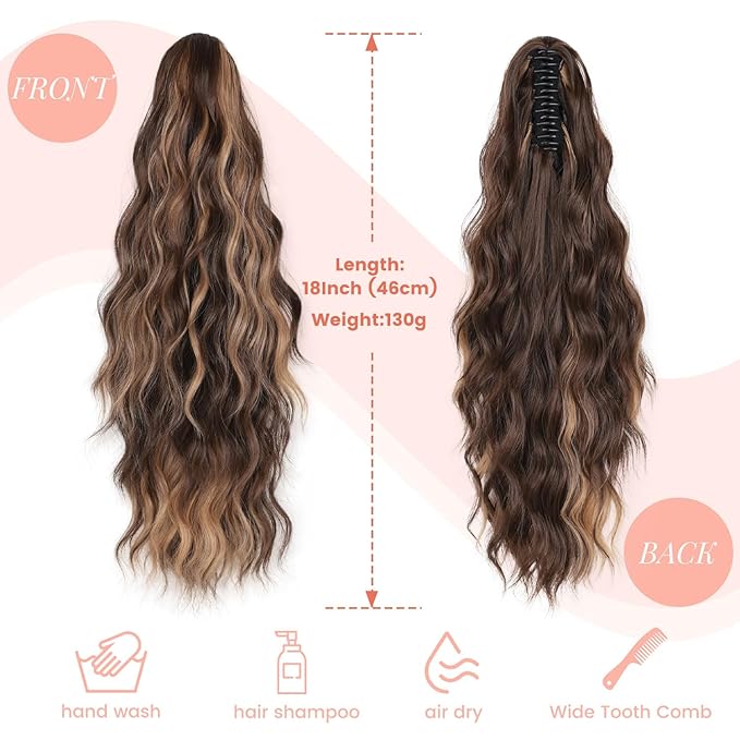 Claw Clip Ponytail Extension 18 Inch Curly Wavy Ponytail Extension Jaw Clip on Pony Tails Hairpiece for Women Fluffy Natural Synthetic for Daily Use (Dark Brown Mixed Honey Brown)