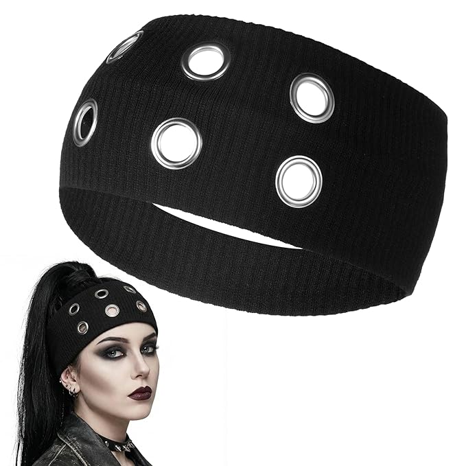 Grommet Headband for Women, Hollow Eyelet Elastic Headband Punk Grunge Y2K Headbands Gothic Rock Y2K Hair Accessories Stretchy Hair band for Women (Black, Adjustable)