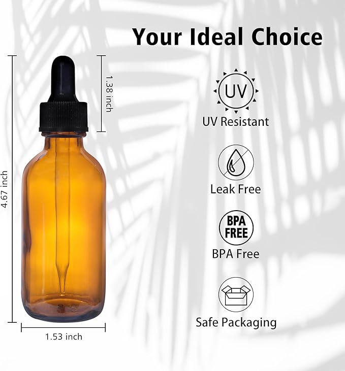 48 Pack 2oz Amber Glass Bottles with Glass Eye Droppers for Essential Oils, Perfumes & Lab Chemicals (Brush, Funnels, 2 Extra Droppers, 54 Pieces Labels & 30ml Measuring Cup Included)