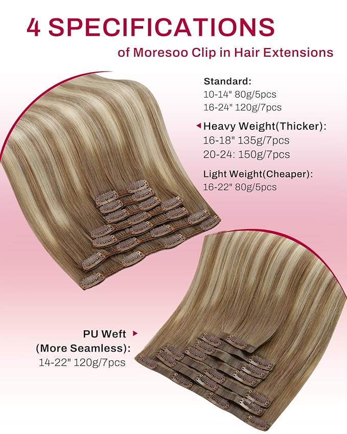 Moresoo Clip in Hair Extensions Real Human Hair Blonde Balayage Hair Extensions Real Human Hair Clip ins Ombre Light Brown Mixed with Golden Blonde Full Head 7pcs/150g 20inch