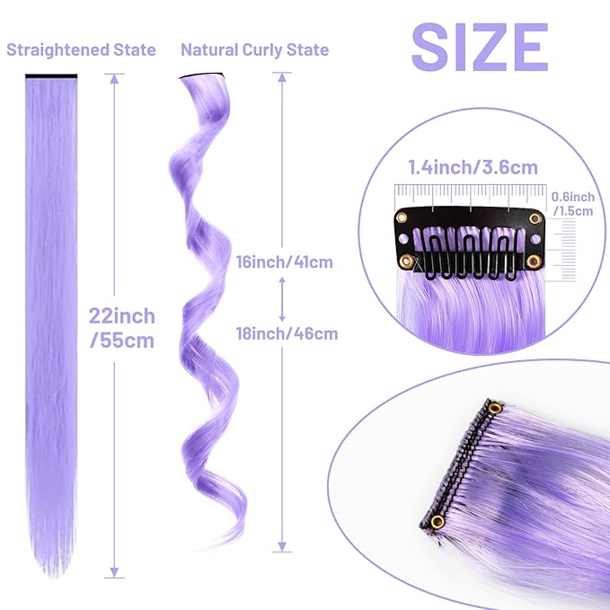 16 Pcs Colored Hair Extensions Curly Wavy Clip in Synthetic Hair Extensions,Colorful Party Highlights Hairpiece Streak for Girls Women Kids Cosplay Party Christmas Gift(Light Purple)