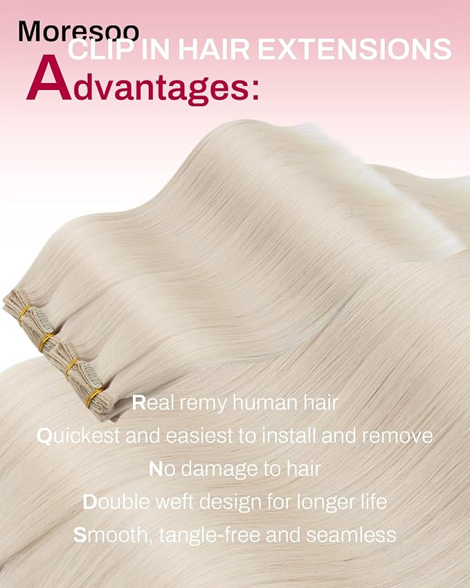 Moresoo Blonde Clip in Hair Extensions for Women Remy Double Weft Clip in Human Hair Extensions Platinum Blonde Full Head Set 7pcs/150g 24inch